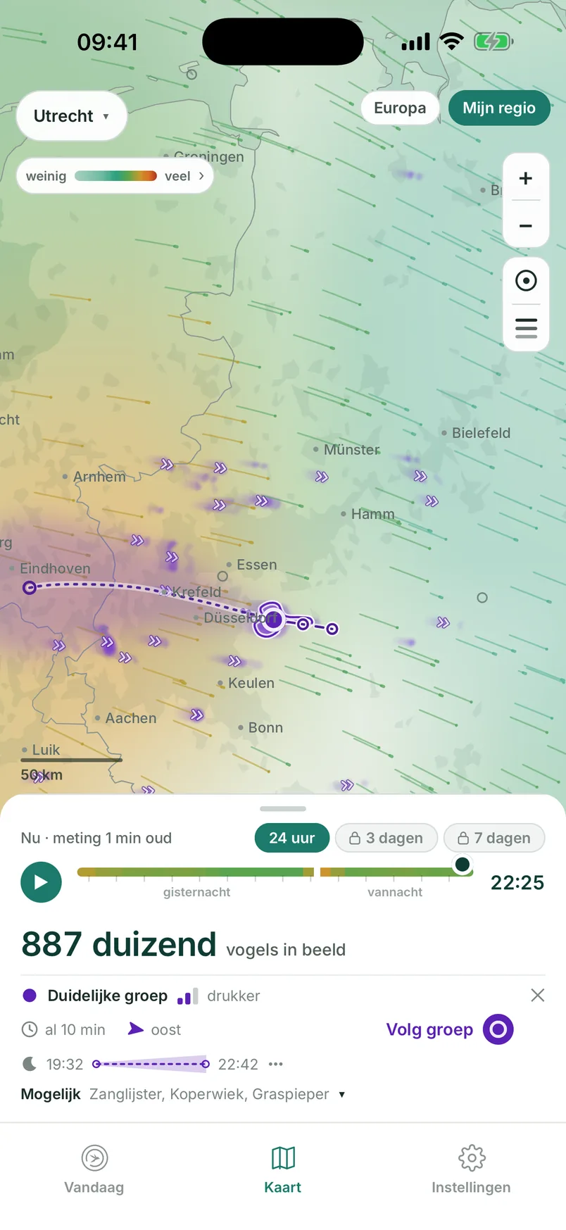 Kaart met de vogeltrek van vannacht